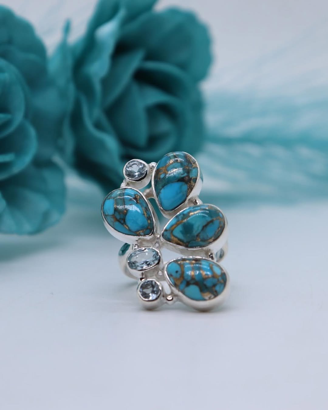 Natural Fairoza & Zircon Silver Ring (Ladies)